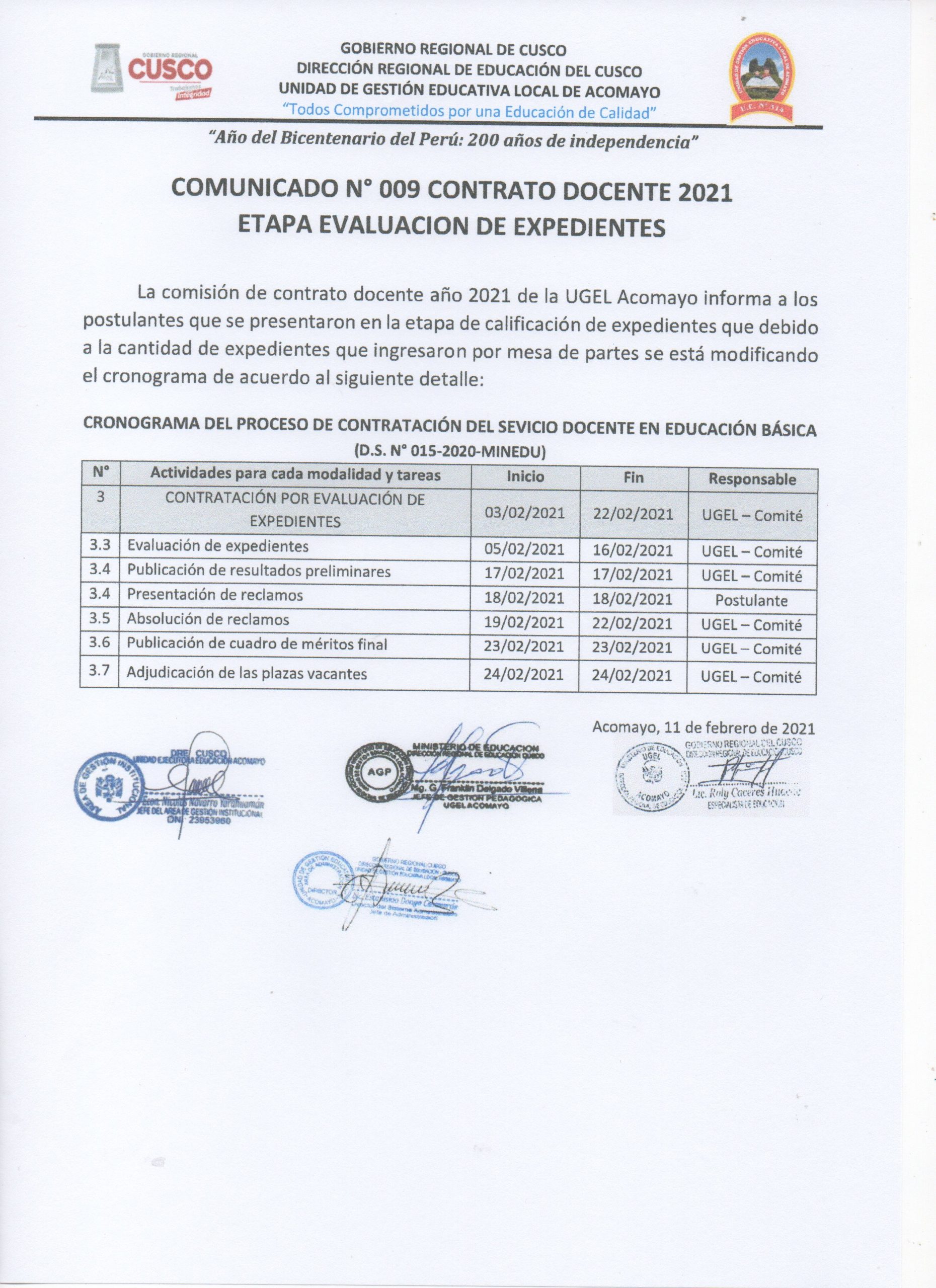 PROCESO DE CONTRATO DOCENTE 2021 UNIDAD DE GESTIÓN EDUCATIVA LOCAL