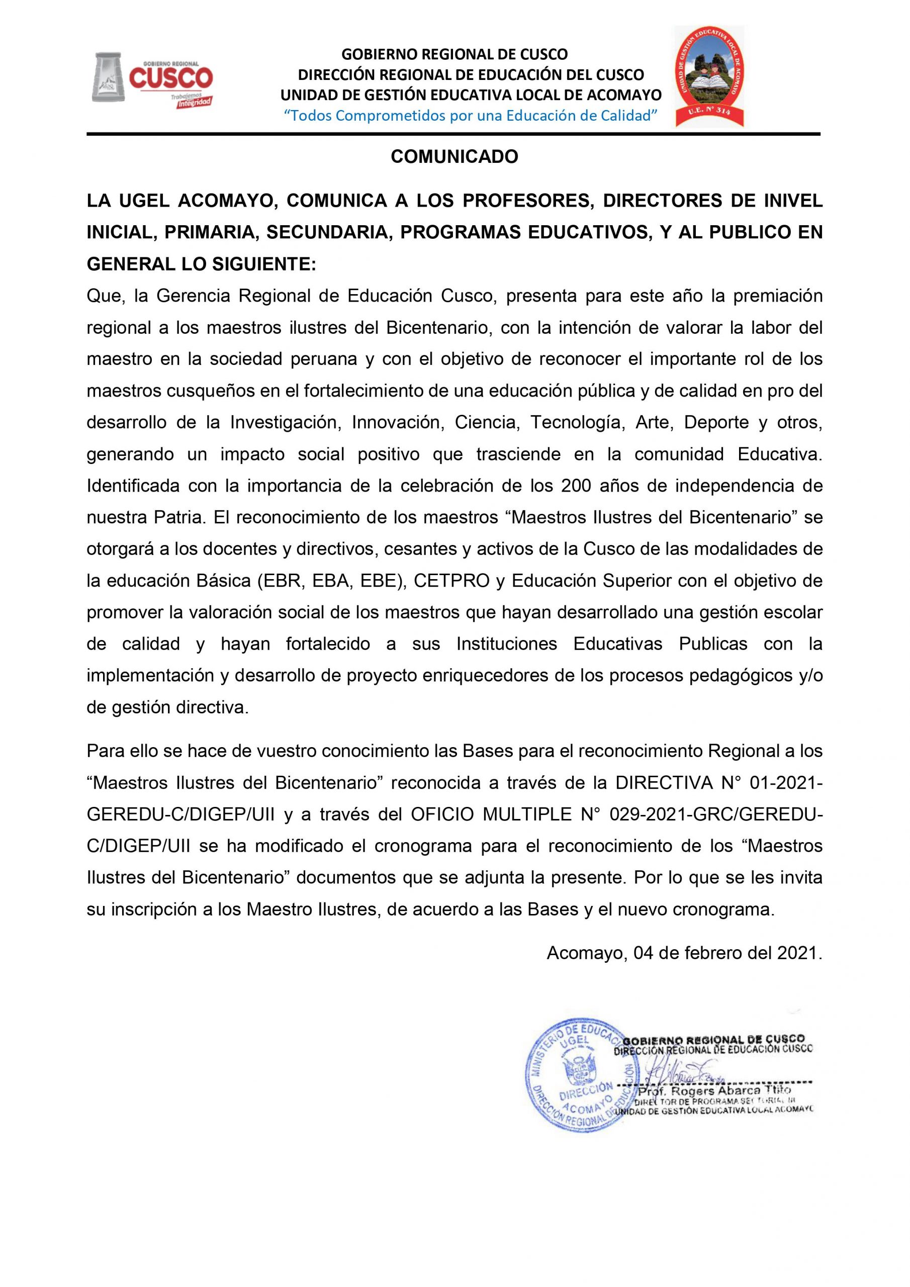 LA UGEL ACOMAYO, COMUNICA A LOS PROFESORES, DIRECTORES DE INIVEL ...