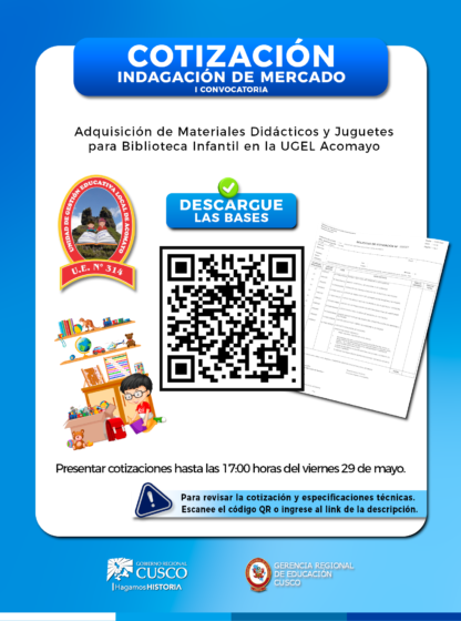 UGEL ACOMAYO CONVOCA LA ADQUISICIÓN DE MATERIALES DIDÁCTICOS Y JUGUETES PARA BIBLIOTECA INFANTIL.