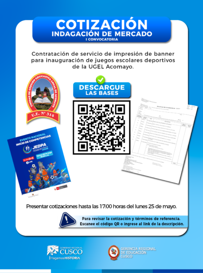 UGEL ACOMAYO CONVOCA CONTRATACIÓN DEL SERVICIO DE IMPRESIÓN DE BANNER PARA LA INAUGURACIÓN DE LOS JUEGOS ESCOLARES DEPORTIVOS 2026