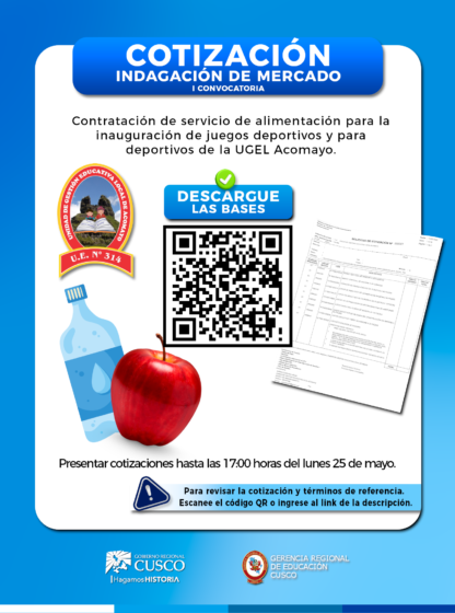 UGEL ACOMAYO CONVOCA CONTRATACIÓN DEL SERVICIO DE ALIMENTACIÓN PARA LA INAUGURACIÓN DE LOS JUEGOS DEPORTIVOS Y PARADEPORTIVOS 2026