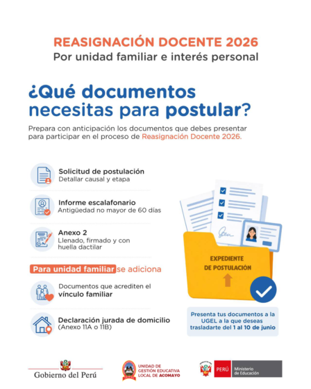 REASIGNACIÓN DOCENTE 2026: DOCENTES DEBEN PREPARAR CON ANTICIPACIÓN SU EXPEDIENTE PARA EL PROCESO POR UNIDAD FAMILIAR E INTERÉS PERSONAL.