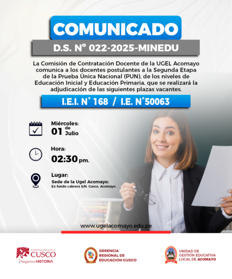 COMUNICADO – ADJUDICACIÓN DE PLAZA VACANTE.