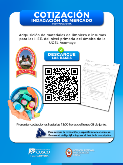 ADQUISICIÓN DE MATERIALES DE LIMPIEZA E INSUMOS PARA LAS II.EE. DEL NIVEL PRIMARIA DEL ÁMBITO DE LA UGEL ACOMAYO.