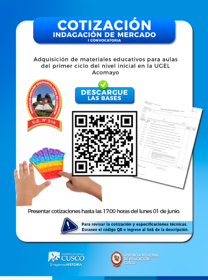 UGEL ACOMAYO CONVOCA LA ADQUISICIÓN DE MATERIALES EDUCATIVOS PARA AULAS DEL PRIMER CICLO DEL NIVEL INICIAL.