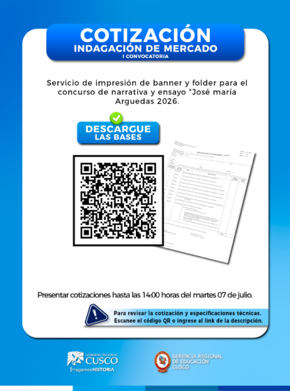 INDAGACIÓN DE PRECIOS PARA LA CONTRATACIÓN DEL SERVICIO DE IMPRESIÓN DE BANNERS Y FOLDERS PARA EL CONCURSO NACIONAL DE NARRATIVA Y ENSAYO «JOSÉ MARÍA ARGUEDAS» 2026.