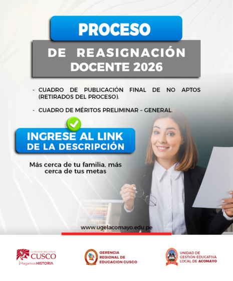 PUBLICACIÓN DEL ANEXO 08 Y ANEXO 09 DEL PROCESO DE REASIGNACIÓN DOCENTE 2026.