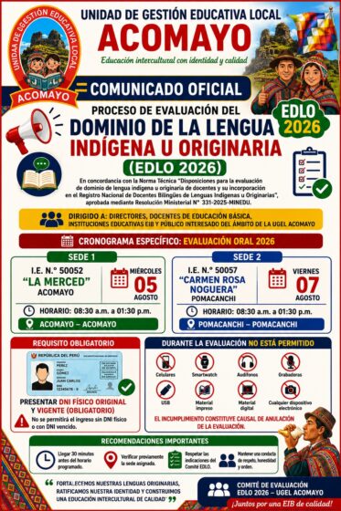 PROCESO DE EVALUACIÓN DEL DOMINIO DE LA LENGUA INDÍGENA U ORIGINARIA (EDLO) 2026 – UGEL ACOMAYO.